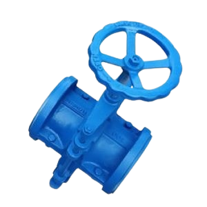 Blue industrial valve with a round blue handwheel and flanged ends on a pipe connection.